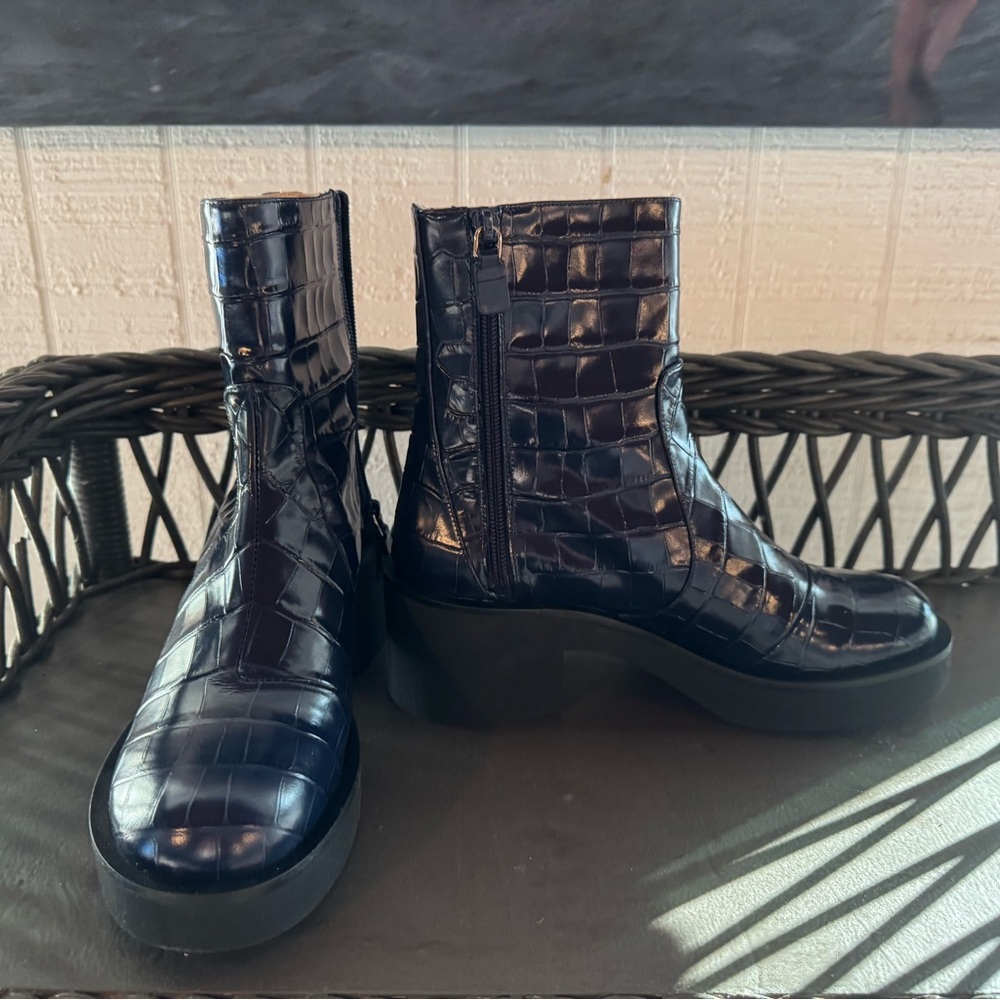 Stuart Weitzman Black Croc-Embossed Ankle Boots